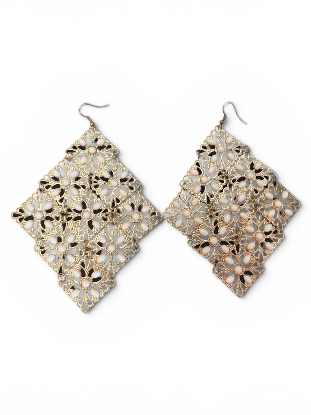 Gold Floral Filigree Drop Earrings with Cream Centers